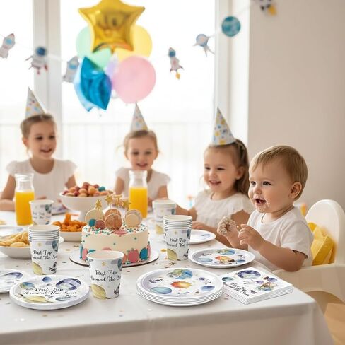 96 PCS First Trip Around The Sun Decorations,Outer Space Birthday Decorations 1st Birthday Party Supplies Plates Napkins Cups Set,Space Theme First Birthday Party Decorations for Boy Girl in Saudi Arabia