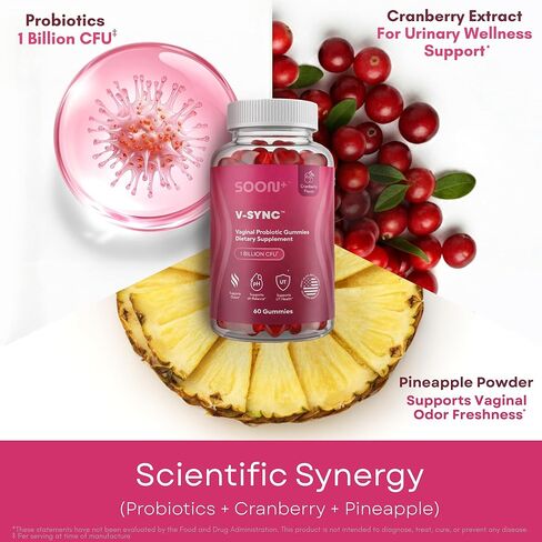 SOON+ Feminine Balance Gummies for Women, V-Sync Pineapple Probiotics for pH Balance Support * Vaginal, Urinary, Immune, Digestive Wellness * with Bacillus Coagulans, Cranberry, Vitamin C, 60 Gummies in Kuwait