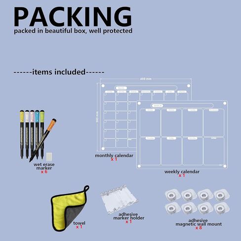 Acrylic Magnetic Calendar for Fridge, Set of 2 Clear Dry Erase Calendar Reusable White Planning Boards Monthly & Weekly, with 6 Light Colored Wet Erasable Markers 40X30CM in Saudi Arabia
