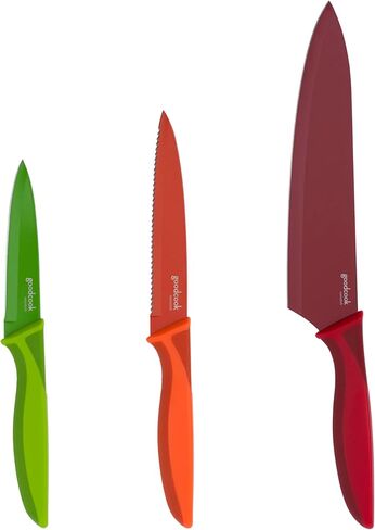 مجموعة سكاكين GoodCook سكاكين مطبخ من الفولاذ المقاوم للصدأ عالي الكربون مع مقابض مقاومة للانزلاق وأغمد واقية، تتضمن المجموعة أدوات التقشير وسكاكين الشيف، مجموعة مكونة من 3 قطع، متعددة الألوان in Kuwait