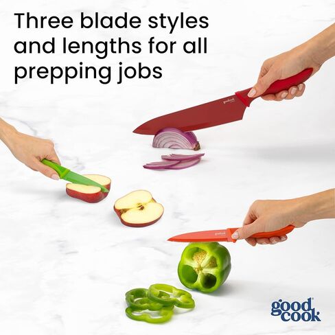 مجموعة سكاكين GoodCook سكاكين مطبخ من الفولاذ المقاوم للصدأ عالي الكربون مع مقابض مقاومة للانزلاق وأغمد واقية، تتضمن المجموعة أدوات التقشير وسكاكين الشيف، مجموعة مكونة من 3 قطع، متعددة الألوان in Kuwait