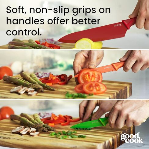 مجموعة سكاكين GoodCook سكاكين مطبخ من الفولاذ المقاوم للصدأ عالي الكربون مع مقابض مقاومة للانزلاق وأغمد واقية، تتضمن المجموعة أدوات التقشير وسكاكين الشيف، مجموعة مكونة من 3 قطع، متعددة الألوان in Kuwait