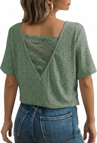 Dokotoo Women's Casual Crewneck Short Sleeve Hollow Out Lace Shirts Summer Eyelet Tunic Tops Blouses in Saudi Arabia