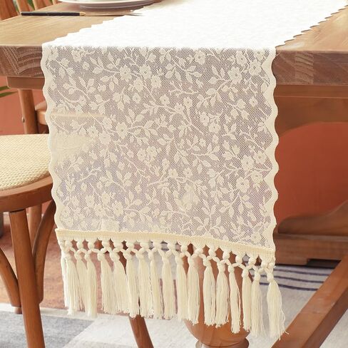 Beige Lace Table Runner Flower Boho Table Runner Farmhouse Vintage Rustic Cloth Table Runners for Xmas Fall Home Dinning Table Decorations (14x64 inch,Tassel Included) in Kuwait
