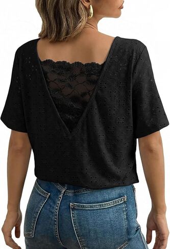 Dokotoo Women's Casual Crewneck Short Sleeve Hollow Out Lace Shirts Summer Eyelet Tunic Tops Blouses in Saudi Arabia