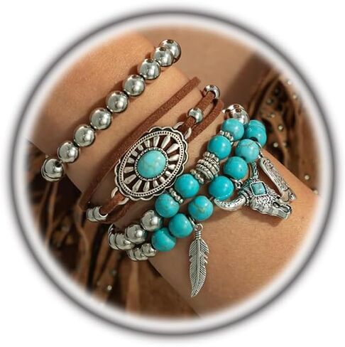 Western Turquoise Beaded Bracelet for Women,Silver Beads Stretch Bracelet for Cowboy Cowgirl,Brown Leather Turquoise Stackable Bracelets in Kuwait