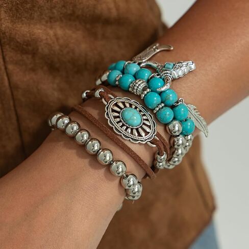 Western Turquoise Beaded Bracelet for Women,Silver Beads Stretch Bracelet for Cowboy Cowgirl,Brown Leather Turquoise Stackable Bracelets in Kuwait