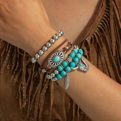 Western Turquoise Beaded Bracelet for Women,Silver Beads Stretch Bracelet for Cowboy Cowgirl,Brown Leather Turquoise Stackable Bracelets in Kuwait