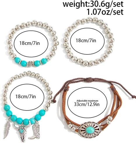 Western Turquoise Beaded Bracelet for Women,Silver Beads Stretch Bracelet for Cowboy Cowgirl,Brown Leather Turquoise Stackable Bracelets in Kuwait