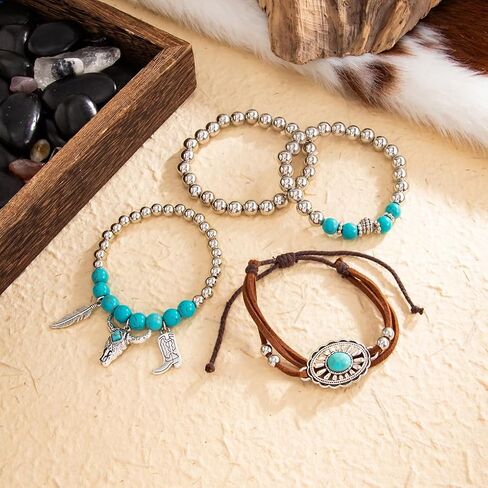 Western Turquoise Beaded Bracelet for Women,Silver Beads Stretch Bracelet for Cowboy Cowgirl,Brown Leather Turquoise Stackable Bracelets in Kuwait