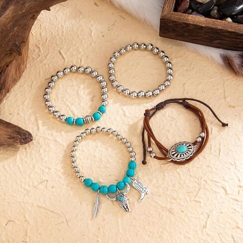 Western Turquoise Beaded Bracelet for Women,Silver Beads Stretch Bracelet for Cowboy Cowgirl,Brown Leather Turquoise Stackable Bracelets in Kuwait