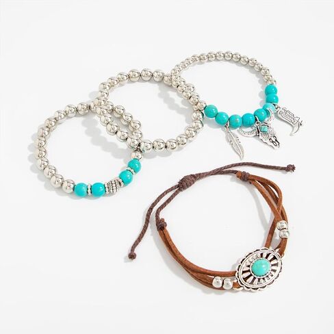 Western Turquoise Beaded Bracelet for Women,Silver Beads Stretch Bracelet for Cowboy Cowgirl,Brown Leather Turquoise Stackable Bracelets in Kuwait