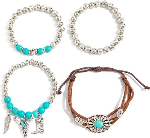 Western Turquoise Beaded Bracelet for Women,Silver Beads Stretch Bracelet for Cowboy Cowgirl,Brown Leather Turquoise Stackable Bracelets in Kuwait