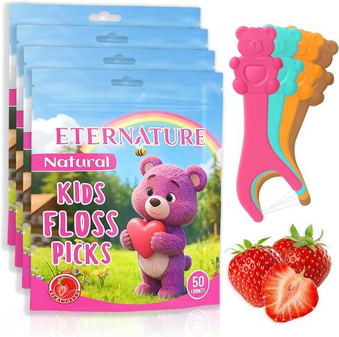 Kids Flossers 200ct, Dental Kids Floss Picks, Biodegradable Heart Bear Flossers, Fluoride & PFA Free, Gifts for Toddlers Teeth, Flossing Sticks for Kids, No Shred Thread, Strawberry Flavored in Kuwait