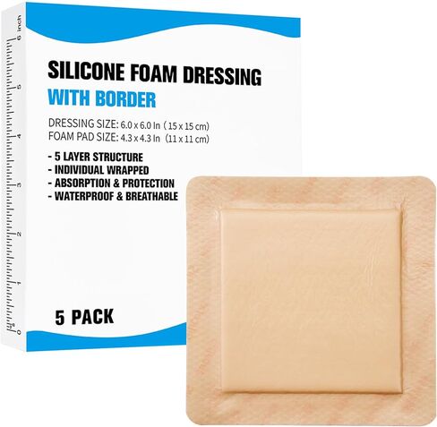 Bordered Silicone Foam Wound Dressing 5 Pack, 6x6 Inches Island Wound Dressing with Border for Bed Sore,Pressure Ulcers, Leg Ulcer, Surgical Wound, Waterproof & Self-Adhesive Bandage Pads in Kuwait