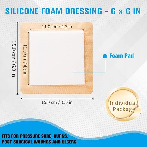 Bordered Silicone Foam Wound Dressing 5 Pack, 6x6 Inches Island Wound Dressing with Border for Bed Sore,Pressure Ulcers, Leg Ulcer, Surgical Wound, Waterproof & Self-Adhesive Bandage Pads in Kuwait