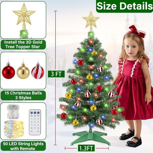 [ 12 Modes & Timer ] 3 Ft Christmas Tree with 50 Warm White, 15 DIY Ornaments, 3D Star Topper Battery Operated Small Christmas Tree for Indoor Home Tables Fireplace Holiday Xmas Christmas Decorations in Saudi Arabia