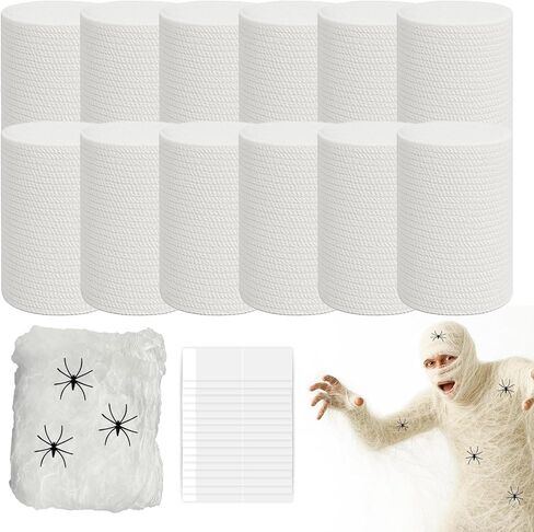 Halloween Mummy Costume Kit, 60 Yards 12 Rolls Mummy Wrap Gauze Bandage with Spider Web for Halloween Decor, Scary Zombie Costumes Accessories, Photography Backdrops Makeup Effect for Lady and Youth in Saudi Arabia