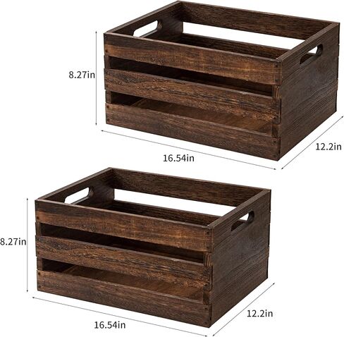 Rustic Vintage Brown Wooden Storage Crates Set, 2 Pack , 16.5 X 12 X 8.3''wood crate box，Handmade Farmhouse Decorative Crate with Handles for Books, Clothes Storage & Display in Saudi Arabia
