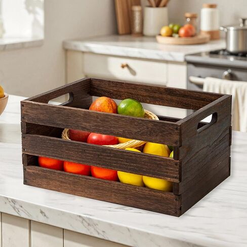 Rustic Vintage Brown Wooden Storage Crates Set, 2 Pack , 16.5 X 12 X 8.3''wood crate box，Handmade Farmhouse Decorative Crate with Handles for Books, Clothes Storage & Display in Saudi Arabia