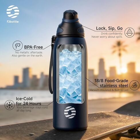 زجاجة مياه معزولة من الفولاذ المقاوم للصدأ من Fjbottle، زجاجات مياه مانعة للتسرب سعة 32 أونصة، كوب ثلج قابل لإعادة الاستخدام، إبريق فراغ مزدوج الجدار، خفيف الوزن متين للسفر والرياضة، التمرين، 32oz in Kuwait