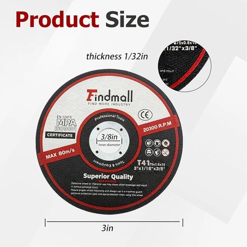 قرص قطع Findmall 50 قطعة 3 × 1/32 × 3/8 بوصة، دقة عالية، للحديد والاستيل والفولاذ المقاوم للصدأ، مناسب لطاحونة الزوايا in Kuwait