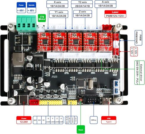 RATTMMOTOR 4 محاور GRBL CNC لوحة تحكم آلة النقش بمنفذ USB، يدعم محرك 775 أو محرك مغزل 300 وات/500 وات 48 فولت، يمكن توصيل محركات الأقراص الخارجية/مفتاح الحد/المسبار/وحدة التحكم غير المتصلة بالإنترنت in Kuwait