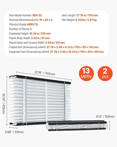 فلتر هواء للفرن VEVOR 16x28x4، استبدال MERV 13 مطوي HVAC AC، منظف هواء إلكتروستاتيكي لمدة 12 شهرًا، عبوتان (الحجم الفعلي: 16.34x27.76x3.98 بوصة)، لتحسين جودة المنزل الداخلي in Kuwait