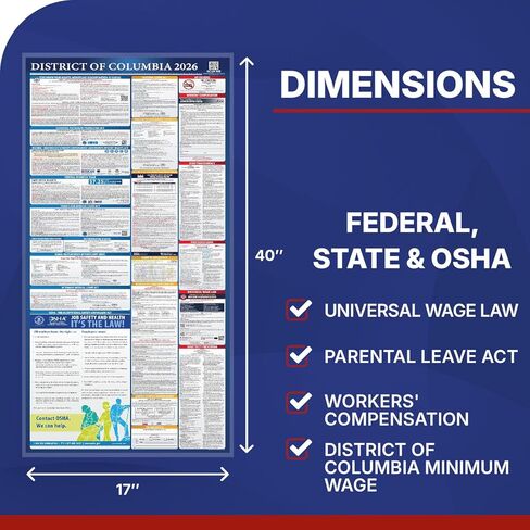 2025 District of Columbia State and Federal Labor Law Poster - OSHA Workplace Compliant - Mandatory Regulations Posting for Employees - All-in-One Required Compliance Posting 16" x 40" (English) in Saudi Arabia