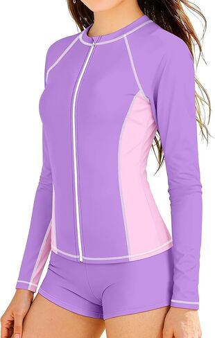 ملابس سباحة DONWEN للفتيات من Rash Guard بسحاب كامل وأكمام طويلة، بدلة سباحة مكونة من قطعتين بعامل حماية من الأشعة فوق البنفسجية 50+ بدلة استحمام للفتيات من سن 9-16 سنة in Kuwait