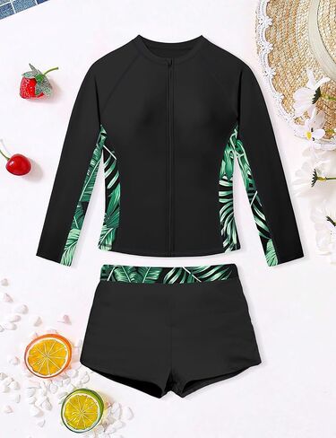 ملابس سباحة DONWEN للفتيات من Rash Guard بسحاب كامل وأكمام طويلة، بدلة سباحة مكونة من قطعتين بعامل حماية من الأشعة فوق البنفسجية 50+ بدلة استحمام للفتيات من سن 9-16 سنة in Kuwait