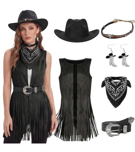 Western Outfits for Women Cowgirl Costume Women Fringe Vest Sleeveless with Cowboy Hat Earring Bandana Belts Accessories in Saudi Arabia