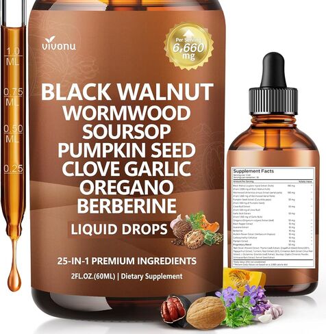 25-in-1 Liposomal Black Walnut Wormwood Clove Tincture, Cleanse for Humans Drops Liquid, Lymphatic Support with Garlic, Mullein, Soursop, Pumpkin Seed, Berberine, Turmeric, Echinacea, Cinnamon in Saudi Arabia