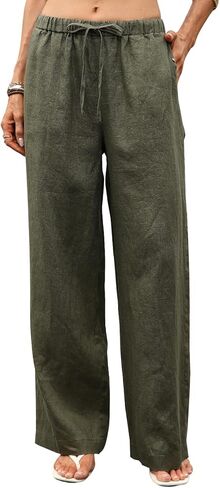 Women's Pure Linen Pants Wide Leg Loose Fit Drawstring 100% Linen Palazzo with Pockets in Saudi Arabia
