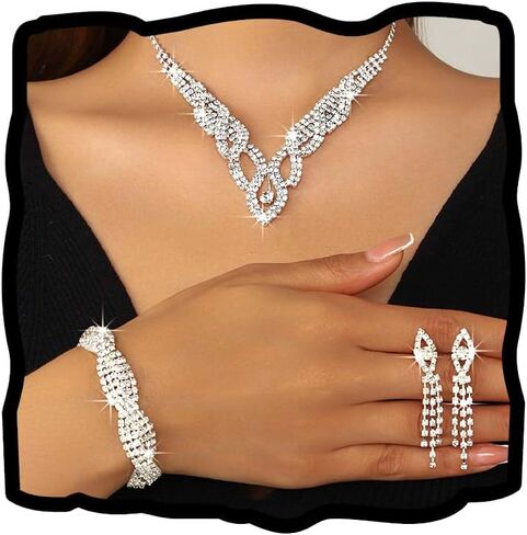 Gangel Bridal Wedding Necklace Set Silver Rhinestone Necklace Sets Crystal Earring and Bracelet Jewelry Prom for Women in Saudi Arabia