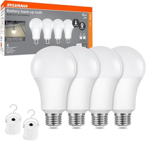 مصابيح إضاءة LED قابلة لإعادة الشحن من سيلفانيا، لمبة إضاءة تعمل بالبطارية A21، 60 وات = 7.3 وات، مصابيح إضاءة للطوارئ داخلية/خارجية، 800 LMS، 3000 كلفن، أبيض ناعم، ملحقات معلقة متضمنة - 4 عبوات (42687) in Kuwait