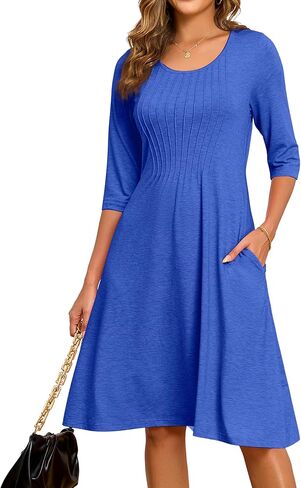MAKABO Women's Casual Maxi A-line Dresses Long Sleeve V Neck Midi Dress with Pockets for Church Work in Saudi Arabia