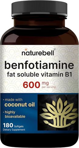 NatureBell Benfotiamine 600mg لكل وجبة، 180 كبسولة هلامية من زيت جوز الهند | فيتامين ب1 القابل للذوبان في الدهون للرجال والنساء، متحول إلى ثيامين نشط | لا يحتوي على كائنات معدلة وراثيًا، تم تصنيعه وفقًا لممارسات التصنيع الجيدة in Kuwait