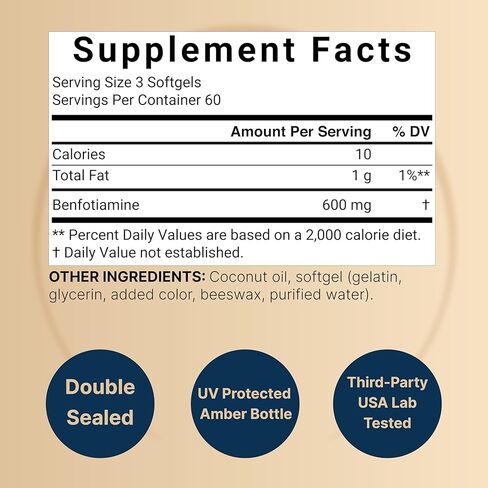NatureBell Benfotiamine 600mg لكل وجبة، 180 كبسولة هلامية من زيت جوز الهند | فيتامين ب1 القابل للذوبان في الدهون للرجال والنساء، متحول إلى ثيامين نشط | لا يحتوي على كائنات معدلة وراثيًا، تم تصنيعه وفقًا لممارسات التصنيع الجيدة in Kuwait