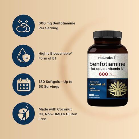 NatureBell Benfotiamine 600mg لكل وجبة، 180 كبسولة هلامية من زيت جوز الهند | فيتامين ب1 القابل للذوبان في الدهون للرجال والنساء، متحول إلى ثيامين نشط | لا يحتوي على كائنات معدلة وراثيًا، تم تصنيعه وفقًا لممارسات التصنيع الجيدة in Kuwait