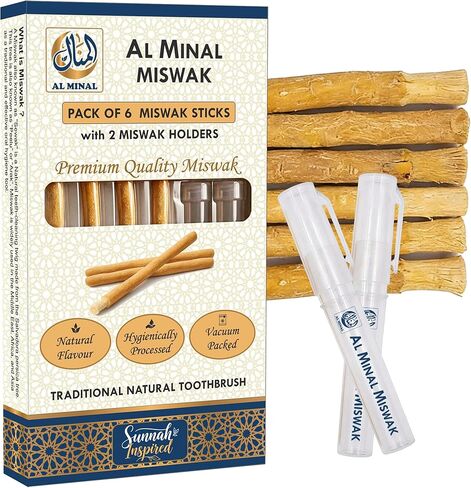 Sewak Natural Miswak Sticks for Teeth, Pack of 6 with 2 Holders, Vacuum Sealed Traditional Peelu Toothbrush in Kuwait