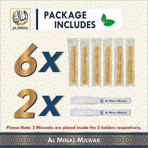 Sewak Natural Miswak Sticks for Teeth, Pack of 6 with 2 Holders, Vacuum Sealed Traditional Peelu Toothbrush in Kuwait