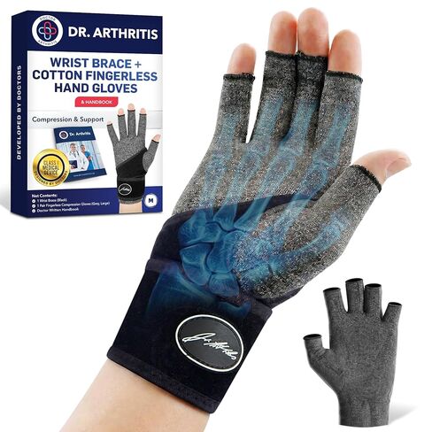 Dr. Arthritis Wrist Brace with Hand Compression Gloves Set, Comfortable Hand Support with Fingerless Carpal Tunnel Gloves & Wrist Protection for Arthritis, Work, Typing, and Pain Relief (Grey, Medium) in Saudi Arabia