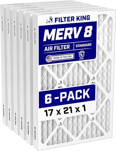 Filter King 17x21x1 Air Filter (MERV 8) (6-Pack) Dust & Allergy Control AC Furnace Filters, MADE IN USA, HVAC, Pleated, Electrostatic (Actual Size: 17 x 21 x .75) in Kuwait
