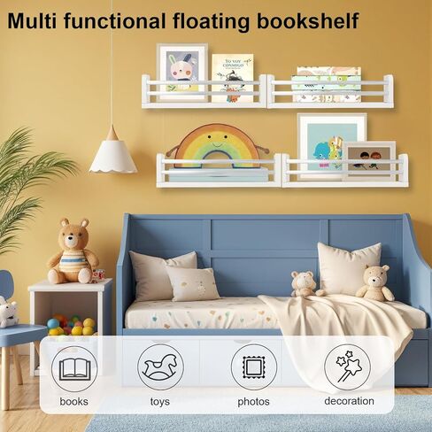 Nursery Wall Bookshelves 4-Pack, Floating Shelves for Kids Room Décor, Baby & Toddler Book Shelf Organizer, Solid Wood Wall-Mounted Rack for Books, Toys & Nursery Storage in Saudi Arabia