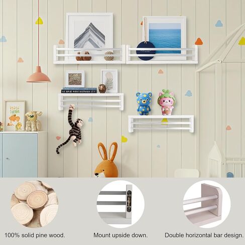Nursery Wall Bookshelves 4-Pack, Floating Shelves for Kids Room Décor, Baby & Toddler Book Shelf Organizer, Solid Wood Wall-Mounted Rack for Books, Toys & Nursery Storage in Saudi Arabia
