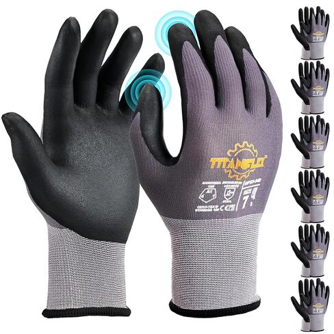 قفازات العمل TitanFlex المصنوعة من النتريل الدقيقة للرجال والنساء - 6 أزواج، قفازات مستودع السلامة للرجال مع قبضة شديدة التحمل، شاشة تعمل باللمس، نايلون محبوك بدون خياطة للسيارات، الحديقة (كبير) in Kuwait