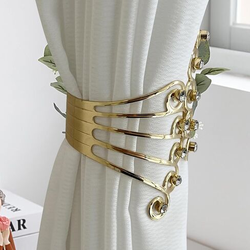 2pcs Unique Metal Curly Grass Pattern Inlaid with Rhinestone Curtain Clasp, Home Office Interior Curtain Decoration（Golden） in Saudi Arabia