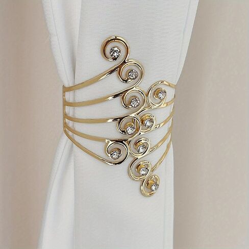 2pcs Unique Metal Curly Grass Pattern Inlaid with Rhinestone Curtain Clasp, Home Office Interior Curtain Decoration（Golden） in Saudi Arabia