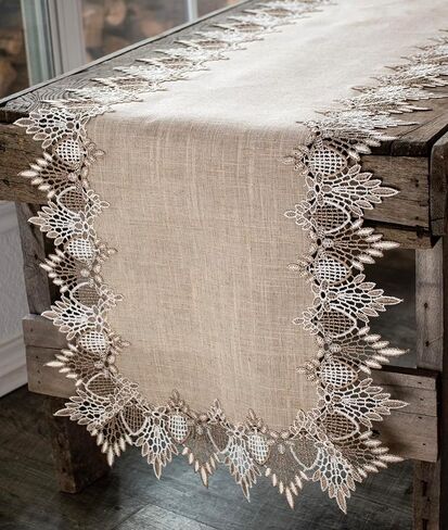 LINENS ART AND THINGS، مفرش طاولة من الدانتيل، بألوان ترابية محايدة، وشاح لطاولة القهوة، بني بيج (16 عرض × 54 طول) in Kuwait
